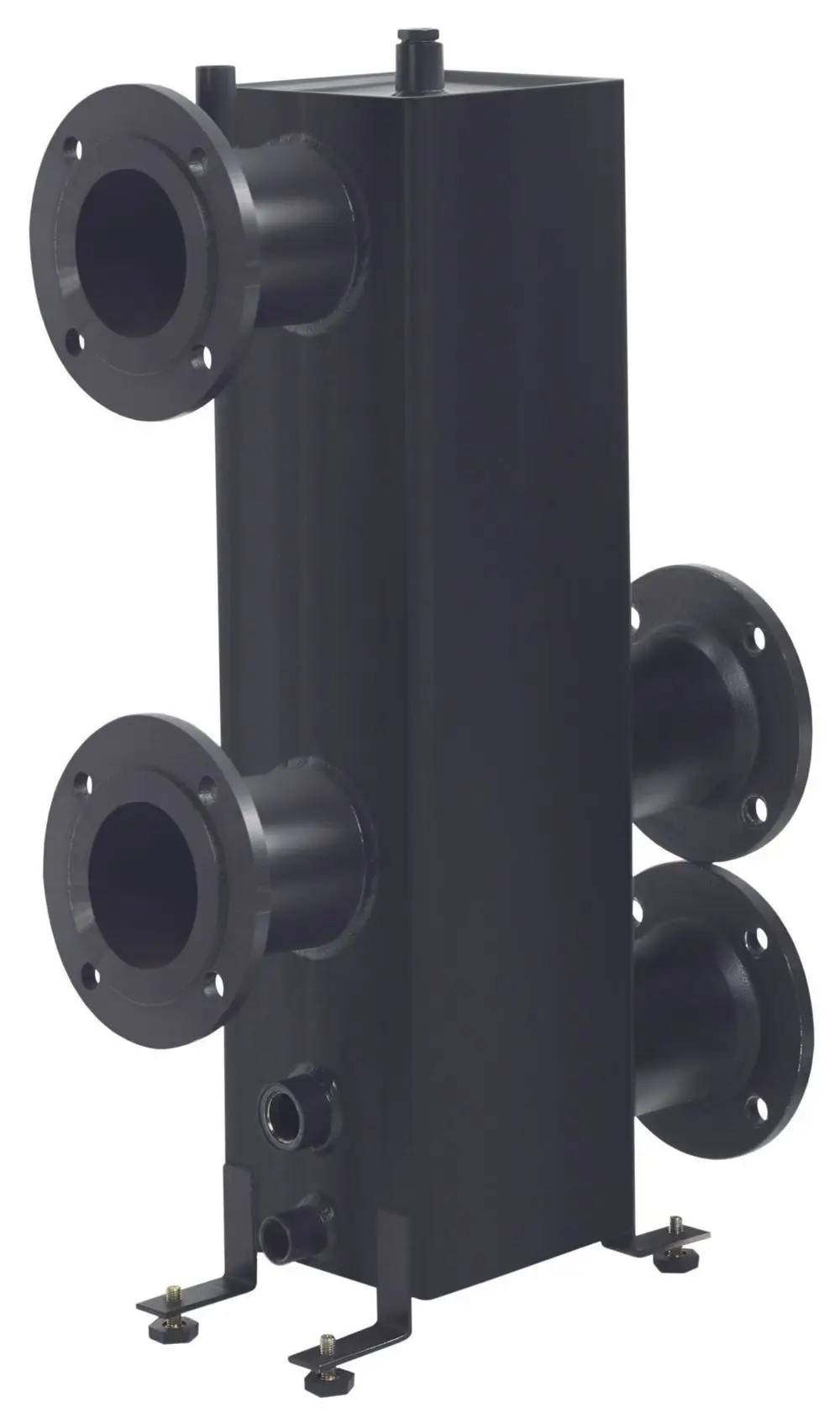 Vaillant hydraulische Weiche mit mehreren Anschlüssen, in schwarzem Metall, für die Verbindung von Heizsystemen, als Bestandteil der Systemtechnik.